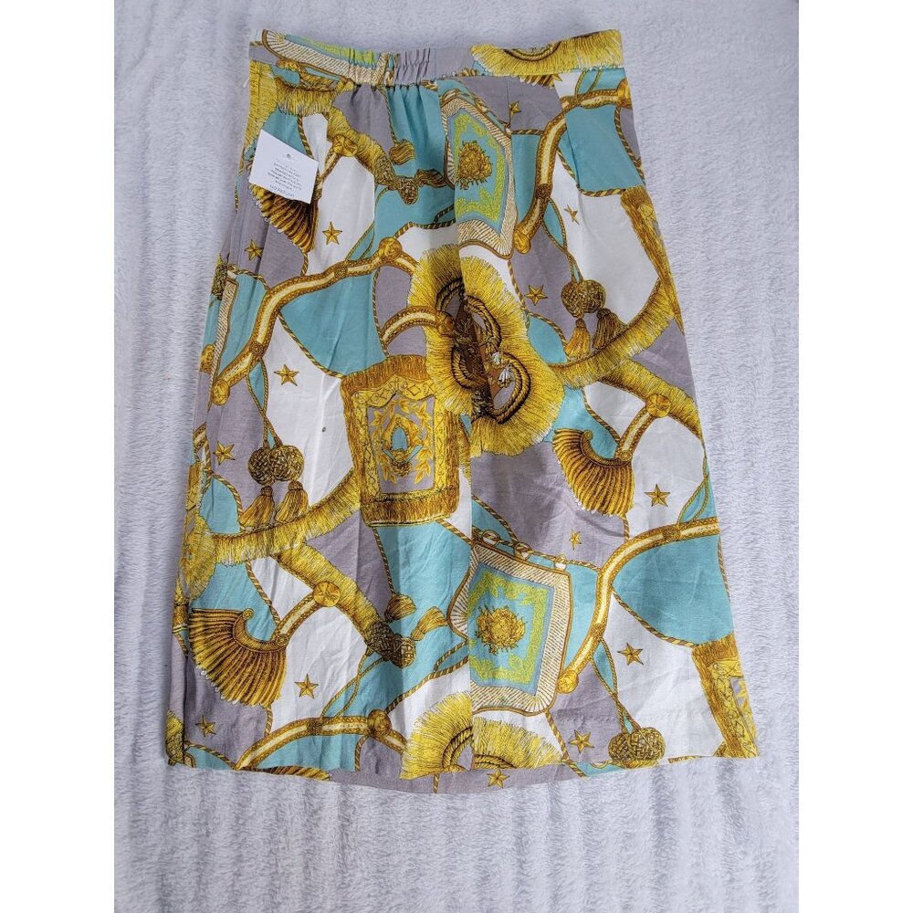 Vintage Flanéries Women's Gold Tassel-Print Pencil Skirt Size 64 Elastic Waist